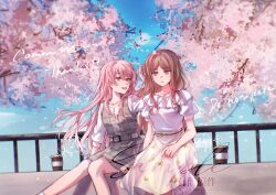 Rule 34 | 2girls, absurdres, bang dream!, bang dream! it&#039;s mygo!!!!!, belt, belt buckle, blue eyes, breasts, brown hair, buckle, cherry blossoms, chihaya anon, chinese commentary, collarbone, commentary request, commission, cup, day, disposable cup, dress, english text, falling petals, floating hair, frilled shirt, frills, grey belt, grey dress, grey eyes, hair between eyes, highres, jewelry, long hair, looking at another, medium breasts, multiple girls, muonrei00, nagasaki soyo, necklace, open mouth, outdoors, parted lips, petals, pinafore dress, pink hair, puffy short sleeves, puffy sleeves, railing, sample watermark, shirt, short sleeves, sidelocks, sitting, skirt, sleeveless, sleeveless dress, teeth, three-quarter sleeves, upper teeth only, watermark, white shirt, white skirt, yuri