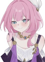 1girl bare_shoulders blue_eyes breasts coat collarbone cyrene_(honkai:_star_rail) dress hair_ornament hashtag-only_commentary highres honkai:_star_rail honkai_(series) jewelry looking_at_viewer medium_hair necklace niyo_(0nyo_m) pink_hair purple_coat simple_background small_breasts smile solo upper_body white_background white_dress