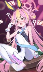 1girl :d ? absurdly_long_hair absurdres animal_ears aqua_necktie arm_support black_leotard blonde_hair blue_archive blush breasts card casino_card_table commentary_request detached_collar double_bun fake_animal_ears fang feet full-face_blush full_body gloves hair_bun half_gloves halo highleg highleg_leotard highres knees_up koyuki_(blue_archive) koyuki_(bunny)_(blue_archive) leotard long_hair long_necktie looking_at_viewer multicolored_hair necktie open_mouth pantyhose pink_eyes pink_hair pink_halo playboy_bunny playing_card rabbit_ears simulated_footjob sitting skin_fang small_breasts smile solo sparkling_eyes strapless strapless_leotard streaked_hair sweat table twintails very_long_hair vtitalianlion46 white_gloves white_pantyhose wrist_cuffs