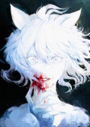 Rule 34 | 1girl, 1other, androgynous, animal ears, black background, blood, blood on face, blood on mouth, cat ears, chimera ant, curly hair, fingernails, floating hair, highres, hunter x hunter, looking at viewer, medium hair, monochrome, neferpitou, original, partially shaded face, shadow, sharp fingernails, simple background, solo, teeth, white hair, xa8uofivf2mcart
