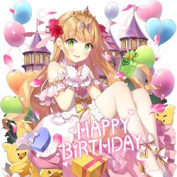 1girl balloon blonde_hair blunt_bangs box castle dress flower gift gift_box gold_tiara green_eyes hair_flower hair_ornament high_heels lina_princella long_hair off-shoulder_dress off_shoulder piyokichi_(uchihime) salt_(salty) shoes squeezing uchi_no_hime-sama_ga_ichiban_kawaii very_long_hair white_shoes