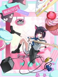 Rule 34 | absurdres, black choker, black hair, black jacket, black socks, blue archive, choker, electric guitar, food, guitar, halo, highres, holding, holding guitar, holding instrument, instrument, jacket, kazusa (band) (blue archive), kazusa (blue archive), macaron, medium hair, multicolored hair, pink eyes, pink hair, pink halo, shirt, skirt, socks, thigh strap, thighs, tjhyn 06, two-tone hair, white shirt, white skirt