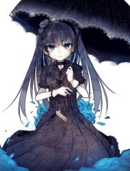 1girl black_choker black_dress black_hair black_umbrella blue_eyes blue_flower blue_rose choker closed_mouth commentary_request cross cross_earrings dress earrings eyebrows female_focus flower frilled_skirt frilled_sleeves frills gloves hair_between_eyes holding holding_umbrella jewelry long_hair looking_at_viewer original riuichi rose short_sleeves skirt solo umbrella upper_body white_gloves
