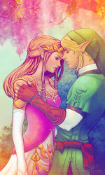 Rule 34 | 1boy, 1girl, arm at side, blonde hair, brown gloves, brown hair, closed mouth, couple, day, dress, earrings, elbow gloves, elf, fingerless gloves, forest, gloves, green shirt, gunnergurl, half-closed eyes, head down, hetero, jewelry, link, lips, lipstick, long hair, looking at another, makeup, nature, neck, nintendo, non-web source, outdoors, pointy ears, princess zelda, purple dress, red lips, shirt, short hair, the legend of zelda, the legend of zelda: twilight princess, tree, white gloves