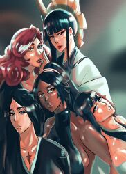 5girls bleach bleach:_sennen_kessen-hen breasts dark-skinned_female dark_skin female_focus highres hikifune_kirio lipstick long_hair looking_at_viewer makeup moonymiw multiple_girls purple_hair scar shihouin_yoruichi shutara_senjumaru sideboob sui-feng unohana_retsu yellow_eyes