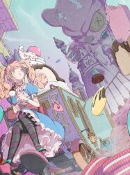 Rule 34 | 1girl, :o, absurdres, animal ear fluff, animal ears, aqua bow, arched crown, ascot, blonde hair, blue crown, blue dress, blue eyes, bow, bow legwear, building, carriage, crown, cup, curly hair, donut, dress, food, frilled dress, frills, from below, full body, highres, holding, holding cup, holding saucer, lantern, large bow, leg bow, long hair, looking at another, neck ribbon, neck ruff, noka works, open mouth, original, pale color, perspective, pink shoes, puffy sleeves, red bow, red ribbon, ribbon, saucer, sentient stuffed toy, shoes, sitting, solo, striped clothes, striped thighhighs, surprised, tea, teacup, thighhighs, twintails, uneven eyes, waist bow, whipped cream, white ascot