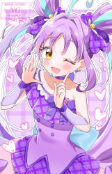 Rule 34 | 1girl, ;d, absurdres, ahoge, blue bow, blue streaks, bow, bow choker, bridal gauntlets, brooch, choker, cure kyunkyun, double bun, dress, earrings, hair bun, hair intakes, hands up, headset, heart, heart brooch, highres, huge ahoge, idol, idol clothes, idol heart brooch, jewelry, kimi to idol precure, long hair, magical girl, one eye closed, open mouth, plaid background, plaid bow, plaid clothes, plaid dress, plaid sleeves, precure, purple background, purple bow, purple bridal gauntlets, purple choker, purple dress, purple hair, purple theme, purple wrist cuffs, shigure kokoro, shirt, single-shoulder shirt, smile, solo, teardrop earrings, twintails, upper body, wrist cuffs, yellow eyes, yunagi (yng hoti)