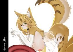 1girl all_fours animal_ear_fluff animal_ears aoba_iku babydoll black_choker blonde_hair blush bottomless breasts cat_ears cat_girl cat_tail choker colored_skin commentary elbow_gloves english_commentary feet_out_of_frame furry furry_female gloves green_eyes grin hair_over_one_eye hanging_breasts highres large_breasts long_hair looking_at_viewer nipples pulchra_fellini see-through_babydoll see-through_clothes simple_background smile solo tail underwear underwear_only variant_set white_background white_gloves yellow_skin zenless_zone_zero
