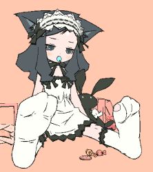 Rule 34 | 0123456789, 1girl, animal ears, candy, cat ears, feet, female focus, food, goth fashion, gothic lolita, headdress, lolita fashion, lollipop, lowres, md5 mismatch, oekaki, original, sitting, solo, stuffed animal, stuffed toy