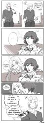 ... 1boy 2girls ? black_hair black_shirt dante_(devil_may_cry) devil_may_cry_(series) devil_may_cry_5 goggles goggles_around_neck green_eyes greyscale heterochromia highres jacket jumpoon lady_(devil_may_cry) long_hair monochrome multiple_girls red_eyes shirt signature smile speech_bubble trish_(devil_may_cry) white_jacket yawning