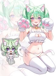 Rule 34 | 1girl, absurdres, animal ear fluff, animal ears, animal hands, breasts, cat ears, cat girl, cat tail, cleavage, gloves, green hair, hair between eyes, highres, kemonomimi mode, long hair, looking at viewer, multicolored eyes, navel, nervous smile, open mouth, panties, paw gloves, seiza, simple background, sitting, smile, stellive, stomach, sweat, tail, thighhighs, underwear, virtual youtuber, white background, white gloves, white panties, white thighhighs, yulha 06, yuzuha riko, zoom layer