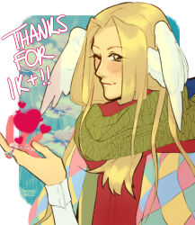 1boy blonde_hair closed_mouth coat commentary english_commentary english_text feathered_wings freckles green_scarf head_wings heart long_hair looking_at_viewer male_focus memoryjoule milestone_celebration minstrel_(ragnarok_online) one_eye_closed ragnarok_online rainbow_order red_shirt scarf shirt smile solo upper_body white_wings wings yellow_eyes