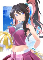 1girl alternate_costume alternate_hairstyle bare_shoulders black_hair blue_sky blush breasts cheerleader cloud cloudy_sky crop_top day highres holding holding_pom_poms kantai_collection lips long_hair looking_at_viewer medium_breasts midriff millennium_cheerleader_outfit_(blue_archive) multicolored_hair naganami_(kancolle) navel outdoors pink_hair pleated_skirt pom_pom_(cheerleading) pom_poms ponytail purple_shirt purple_skirt shirt skirt sky smile solo tsukasa_(tukasa_br) two-tone_hair upper_body white_background yellow_eyes