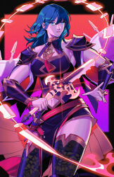 1girl armor black_armor black_cape blue_eyes bone_weapon breasts brooch cape closed_mouth clothing_cutout dagger female_byleth_(fire_emblem) female_byleth_(resplendent)_(fire_emblem) fire fire_emblem fire_emblem:_three_houses fire_emblem_heroes flaming_sword flaming_weapon highres holding holding_weapon jewelry knife large_breasts looking_at_viewer medium_breasts multicolored_cape navel navel_cutout nintendo official_alternate_costume pelvic_curtain radiostarkiller sheath sheathed solo sword sword_of_the_creator thighhighs vambraces weapon whip_sword