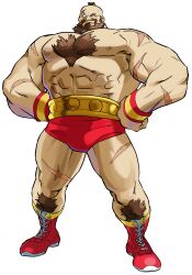 Rule 34 | 1990s (style), 1998, 1boy, absurdres, beard, bengus, boots, brown hair, capcom, chest hair, facial hair, game cg, hand on own hip, highres, male focus, marvel, marvel vs. capcom, mohawk, muscular, non-web source, official art, red boots, retro artstyle, scar, scar on arm, small pupils, solo, street fighter, topless male, wrestler, wrestling outfit, zangief