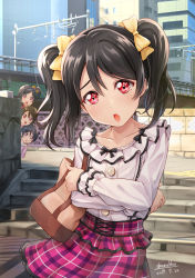 10s 1boy 2019 3girls artist_name bag black_hair blouse blush bow brother_and_sister brown_hair building crossed_arms dated day hair_between_eyes hair_bobbles hair_bow hair_ornament handbag head_tilt highres light_blush looking_at_viewer love_live! love_live!_school_idol_festival love_live!_school_idol_project medium_hair multiple_girls open_mouth outdoors peeking plaid_clothes plaid_skirt red_eyes shamakho shirt short_hair siblings side_ponytail sisters skirt solo_focus stairs standing twintails white_shirt yazawa_cocoa yazawa_cocoro yazawa_cotaro yazawa_nico yellow_bow
