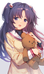 Rule 34 | 1girl, absurdres, blue hair, clannad, hair bobbles, hair ornament, highres, hikarizaka private high school uniform, hugging doll, hugging object, ichinose kotomi, jacket, kimi tsuru, long hair, looking at viewer, purple eyes, sailor collar, school uniform, serafuku, simple background, smile, solo, stuffed animal, stuffed toy, teddy bear, two side up, upper body, white background, white sailor collar, yellow jacket