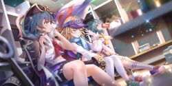 3girls alternate_costume alternate_headwear anchor bike_shorts black_coat black_hat black_shorts blonde_hair blue_hair blue_scarf blurry blush breasts can chain cheerleader closed_eyes clothes_hanger coat coat_on_shoulders commentary cooler depth_of_field drinking english_commentary eyepatch game_cg green_eyes green_shoes hat highres holding holding_can indoors kneehighs midriff mizuhashi_parsee mizuhashi_parsee_(jealousy-driven_cheering_spirit) multiple_girls murasa_minamitsu murasa_minamitsu_(all_aboard!_full_speed_ahead!) navel official_art open_mouth purple_hat purple_shoes purple_umbrella scarf shoes shoichi_(ekakijin) shorts sitting sneakers socks sparkle sweatdrop tatara_kogasa tatara_kogasa_(sunshine-praying_umbrella) third-party_source touhou touhou_lostword towel towel_around_neck umbrella visor_cap white_arm_warmers white_socks