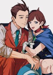1boy 1girl ace_attorney amikoiiko antenna_hair apollo_justice apollo_justice:_ace_attorney aqua_necktie arm_hug arm_on_knee badge black_dress black_socks black_vest blue_cape blue_eyes blue_hat boots bracelet brooch brown_eyes brown_hair cape closed_mouth collarbone collared_shirt diamond-shaped_earrings diamond_(shape) dress feet_out_of_frame fingernails gem gloves green_gemstone hat highres holding holding_unworn_clothes holding_unworn_hat jewelry kneehighs lapels light_smile long_sleeves looking_at_another looking_at_viewer mismatched_eyebrows necktie notched_lapels pants pleated_pants red_pants red_scarf red_vest scarf shirt short_hair simple_background sitting sleeves_rolled_up smile socks sternocleidomastoid_muscle top_hat trucy_wright two-tone_vest unworn_hat unworn_headwear vest waistcoat white_background white_boots white_gloves white_shirt