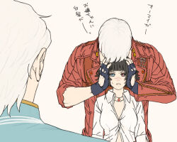 1girl 2boys black_gloves black_hair blue_coat coat dante_(devil_may_cry) devil_may_cry devil_may_cry_(series) devil_may_cry_3 fingerless_gloves gloves green_eyes heterochromia jewelry lady_(devil_may_cry) midriff_peek multiple_boys necklace origami_(red) red_eyes scar scar_on_face scar_on_nose shirt simple_background sweatdrop vergil_(devil_may_cry) white_hair white_shirt