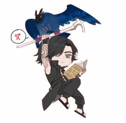 12th_tomorrow 1boy anger_vein arm_tattoo bags_under_eyes bird black_coat black_gloves black_hair black_pants book cane chibi chinese_commentary closed_mouth coat collared_coat commentary_request curtained_hair devil_may_cry_(series) devil_may_cry_5 dot_nose fingerless_gloves flying full_body gloves green_eyes griffon_(devil_may_cry_5) hair_over_one_eye highres holding holding_book holding_cane male_focus open_book outstretched_arm pants parted_bangs popped_collar sandals short_hair sleeveless sleeveless_coat smile speech_bubble spoken_anger_vein tattoo tattoo_sleeve v_(devil_may_cry)