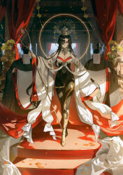 1girl 2boys absurdres asymmetrical_bangs black_bodysuit black_hair black_kimono bodysuit breasts cleavage closed_mouth crown curtains eshi_100_nin_ten expressionless flower hair_over_one_eye halo halo_behind_head highres holding indoors japanese_clothes kimono kuga_huna kuroko_(kabuki) large_breasts long_hair long_sleeves looking_at_viewer multiple_boys red_eyes scan solo_focus standing tassel third-party_source white_kimono wide_sleeves