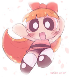1girl 2024 20s armpits arms_up black_shoes blossom_(ppg) blush bow cartoon_network cherry_blossoms chibi dated dress flying hair_bow highres kinpiro loli long_hair looking_at_viewer mary_janes may no_panties open_mouth orange_hair petals pink_dress pink_eyes plump powerpuff_girls red_bow shoes sleeveless sleeveless_dress smile sweat thighhighs upskirt waving white_background white_thighhighs