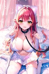 1girl absurdres animal_ears bandaid bare_shoulders bdsm bra breasts bridal_veil cat_tail cleavage collar covered_erect_nipples earrings elbow_gloves fake_animal_ears fang fingerless_gloves gloves halterneck hands_up high_heels highres jewelry lace_trim large_breasts leash long_hair looking_at_viewer miniskirt multicolored_hair navel nekota_tsuna open_mouth paw_pose pet_play pleated_skirt red_hair ring sitting skindentation skirt slave smile solo stomach streaked_hair string_bra sugiki tail thighhighs thighs underwear veil very_long_hair virtual_youtuber vspo! wariza wedding_ring white_bra white_footwear white_gloves white_skirt white_thighhighs yellow_eyes zettai_ryouiki