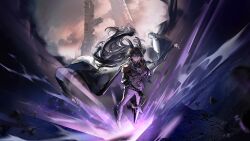 Rule 34 | animal ears, arknights, black horns, boots, cape, epaulettes, floating hair, from above, goat horns, highres, hildegard grimmacht, holding, holding sword, holding weapon, horns, leggings, long hair, mature female, military uniform, official art, purple lips, sheep ears, sheep girl, sword, weapon