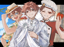 3boys ace_trappola black_border blue_background border chef chef_hat dual_persona facial_mark grey_vest hat hawaiian_shirt heart heart_facial_mark highres jacket looking_at_viewer male_focus multiple_boys one_eye_closed red_eyes red_hair red_shirt shirt short_hair sky smile soji_777 teeth twisted_wonderland vest white_jacket white_shirt yellow_shirt