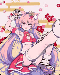 1boy absurdres animal_ear_fluff animal_ears armpits bell breasts cat_ears cleavage_cutout clothing_cutout crop_top crossdressing detached_sleeves double_bun floral_background foot_out_of_frame full_body hair_bun hair_ornament happy_new_year highres kneepits long_bangs long_hair looking_at_viewer miniskirt nanaha_rui new_year open_mouth paw_print pawpads pink_hair red_eyes shirt sidelocks sitting skirt smile solo thigh_strap thighs trap very_long_hair virtual_youtuber wactor_production yu_su_(moziki)