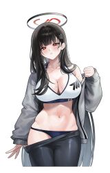1girl absurdres alternate_costume black_hair blue_archive blush breasts cleavage collarbone commentary cowboy_shot daehoak grey_jacket hair_ornament hair_over_shoulder hairclip halo highres jacket large_breasts long_hair long_sleeves mechanical_halo navel off_shoulder open_clothes open_jacket open_mouth pants red_eyes rio_(blue_archive) simple_background skindentation solo sports_bra stomach sweat undressing very_long_hair white_background white_sports_bra yoga_pants