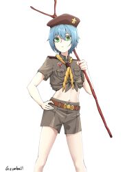 1boy bishounen blue_hair boy_scout closed_mouth cowboy_shot flat_chest grimbell highres holding holding_staff indie_virtual_youtuber navel pinup_(style) school_uniform scout_uniform signature singleplayerz staff thai_school_uniform thai_scout_uniform trap virtual_youtuber