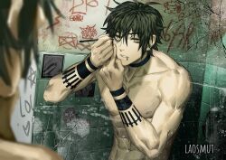 1boy abs applying_makeup arm_tattoo artist_name bathroom black_hair broken_mirror darius_(laovaan) ear_piercing face_piercing glass_shard hair_between_eyes hand_on_own_face holding holding_pencil indoors laovaan looking_at_mirror male_focus mirror mouth_piercing neck_tattoo nude original pale_skin pencil pentagram piercing reflection tattoo teeth tile_wall tiles toned toned_male vandalism writing_on_wall yellow_eyes
