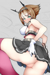 10s 1girl bad_id bad_pixiv_id bare_shoulders blush breasts brown_hair clothes_lift female_focus from_behind gloves green_eyes headgear highres kantai_collection looking_at_viewer looking_back midriff miniskirt mutsu_(kancolle) nac000 no_panties personification pussy red_thighhighs short_hair skirt skirt_lift solo thighhighs uncensored white_gloves