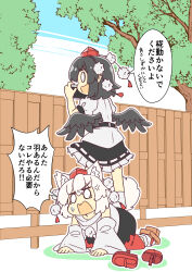 2girls all_fours anger_vein animal_ear_fluff animal_ears belt bird_wings black_belt black_hair black_skirt black_wings camera commentary detached_sleeves fang feathered_wings fence frilled_skirt frills geta hat highres holding holding_camera inubashiri_momiji medium_hair multiple_girls o_o open_mouth outdoors pointy_ears pom_pom_(clothes) puffy_short_sleeves puffy_sleeves red_hat red_shoes ryuu_(multitask) shameimaru_aya shirt shoes short_sleeves skin_fang skirt smile socks standing_on_another&#039;s_back sweatdrop tail tengu-geta tokin_hat touhou translated tree unworn_shoes white_hair white_shirt white_socks wings wolf_ears wolf_girl wolf_tail wooden_fence
