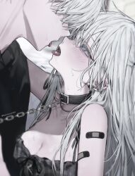 1boy 1girl absurdres after_kiss aochan_1325 bandaid bandaid_on_arm bare_shoulders black_collar blush breasts chain chain_leash cleavage collar couple ear_piercing grey_eyes hetero highres leash long_hair looking_at_another open_mouth original piercing pill pill_on_tongue saliva small_breasts tongue tongue_out white_hair