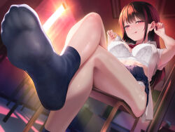 1girl :p black_hair black_skirt bra breasts chair classroom crossed_legs feet foot_focus indoors licking_lips long_hair looking_at_viewer maeshimashi medium_breasts no_shoes open_clothes open_shirt original panties pleated_skirt red_eyes school_chair school_uniform shirt sidelocks sitting skirt socks soles solo sunset thighs tongue tongue_out underwear white_bra white_panties white_shirt