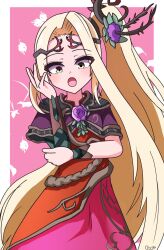 Rule 34 | 1girl, blonde hair, border, flower, hair flower, hair ornament, highres, kid icarus, kid icarus uprising, long hair, looking at viewer, nintendo, open mouth, outside border, pink background, ponytail, signature, solo, tsu 1020, very long hair, viridi, white border, yellow eyes