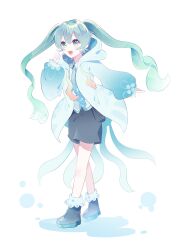 1girl absurdres black_shoes black_shorts blue_hoodie blue_necktie blush commentary full_body green_eyes green_hair hatsune_miku highres hood hoodie looking_at_viewer necktie open_mouth shirt shoes shorts solo standing sudasamo twintails vocaloid white_background white_shirt