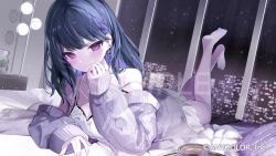 Rule 34 | 1girl, blush, braid, camisole, cardigan, closed mouth, commentary request, copyright notice, earrings, full body, indoors, jewelry, koshimizu toru, long sleeves, looking at viewer, lying, mole, mole under eye, multicolored hair, night, nijisanji, off shoulder, on bed, on stomach, onodera nire, open cardigan, open clothes, purple cardigan, purple eyes, short hair, sleeves past wrists, solo, triangle earrings, virtual youtuber, white camisole