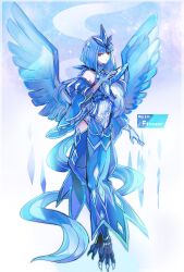 Rule 34 | 1girl, aqua gloves, articuno, bird legs, blue dress, blue hair, blunt bangs, brooch, character name, closed mouth, detached sleeves, dress, folding fan, full body, gen 1 pokemon, gloves, hand fan, hand up, hashtag-only commentary, highres, holding, holding fan, jewelry, kantarou (8kan), legendary pokemon, looking at viewer, nintendo, pokedex number, pokemon, puffy sleeves, sleeveless, sleeveless dress, solo, standing, wide sleeves, wings