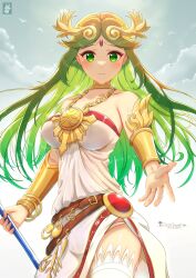 1girl absurdres artist_logo bird breasts chain chinchongcha circlet collarbone commentary_request gold_chain green_eyes green_hair highres holding holding_staff kid_icarus kid_icarus_uprising logo looking_at_viewer nintendo outstretched_arm palutena panties panty_peek solo staff thighhighs underwear vambraces white_panties white_thighhighs