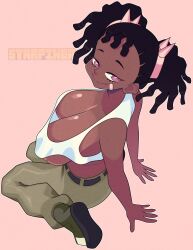 Rule 34 | 1girl, arms behind back, artist name, ayukawa miyuki, bandaid, bandaid on cheek, bandaid on face, basquash!, breasts, dark-skinned female, dark skin, dreadlocks, green pants, highres, huge breasts, large breasts, mole, mole on breast, no bra, pants, pink background, pink eyes, sitting, smile, starfinga, tank top, twintails, veins, veiny breasts, white tank top