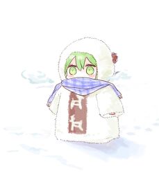 1other blue_scarf chibi coat enkidu_(fate) fate/strange_fake fate_(series) full_body green_eyes himeko_(nico6v6pachi) hood hooded_coat other_focus plaid_clothes plaid_scarf scarf snow solo winter_clothes winter_coat
