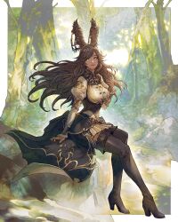 1girl animal_ears black_nails boots breasts brown_hair dark-skinned_female dark_skin dress final_fantasy final_fantasy_xiv forest green_eyes highres jewelry large_breasts nail_polish nature outdoors rabbit_ears rabbit_girl shukei sitting thigh_boots tree viera warrior_of_light_(ff14)