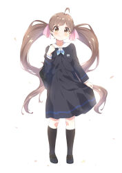1girl ahoge bag black_bag black_jacket black_shoes black_skirt black_socks blush brown_eyes brown_hair closed_mouth collared_jacket commentary_request falling_petals full_body hair_ribbon hakozaki_serika high-waist_skirt highres holding_strap idolmaster idolmaster_million_live! jacket loafers long_hair long_skirt long_sleeves looking_at_viewer neckerchief petals pink_ribbon pleated_skirt ribbon school_bag school_emblem school_uniform shoes shoulder_bag skirt skirt_hold smile socks solo split_mouth standing toma_(shinozaki) twintails very_long_hair white_background white_neckerchief