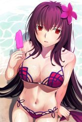 1girl absurdres bare_shoulders bikini blush breasts cleavage collarbone fate/grand_order fate_(series) flower food hair_between_eyes hair_flower hair_ornament hibiscus highres large_breasts long_hair longdq3008 looking_at_viewer navel open_mouth pink_bikini popsicle purple_bikini purple_hair red_eyes scathach_(fate) scathach_(fate/grand_order) scathach_(swimsuit_assassin)_(fate) solo swimsuit thighs