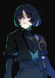 1boy arms_at_sides belt black_background black_belt black_bodysuit black_bow black_gemstone black_hair black_kimono black_shorts black_sleeves blue_cape blue_hair blue_kimono blue_sleeves bodysuit bow cape closed_mouth colored_inner_hair covered_collarbone dark_persona empty_eyes eyeliner eyeshadow feathers gem genshin_impact gold hag_(hag_015) han&#039;eri highres hip_vent japanese_clothes kimono layered_kimono layered_sleeves makeup male_focus mandarin_collar multicolored_hair open_clothes open_kimono parted_bangs pom_pom_(clothes) purple_eyes purple_hair purple_sash red_eyeliner red_eyeshadow sash scaramouche_(genshin_impact) short_sleeves shorts shoulder_peek sidelighting smile solo streaked_hair twitter_username upper_body wanderer_(genshin_impact) yellow_feathers