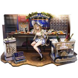 1girl :d ahoge alcohol artist_request baked_potato bar_(place) beer blonde_hair blue_hair boots breasts buttons chicken_(food) cleavage cup double-breasted drinking_glass english_text faux_figurine food fork fried_chicken full_body game_cg girls&#039;_frontline girls&#039;_frontline_neural_cloud gloves hat highres holding holding_cup ice jacket knife licking_lips long_hair millau_(neural_cloud) mole mole_on_breast official_art on_stool open_mouth plate rolling_suitcase sitting skirt smile solo soup sparkling_eyes spoon steak suitcase sun_hat third-party_source tongue tongue_out transparent_background utensil_rack white_boots white_gloves white_skirt wine wine_glass wine_rack yellow_jacket